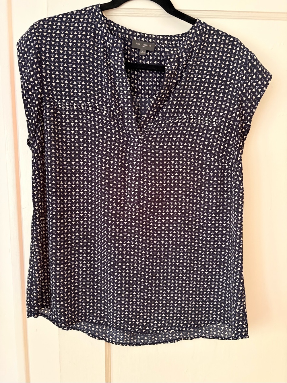 The Limited Navy and White Geo Cap-Sleeve Blouse